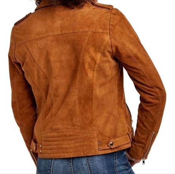 NAF NAF Suede Caramel Brown Biker Jacket NWT 8 - Picture 2 of 12